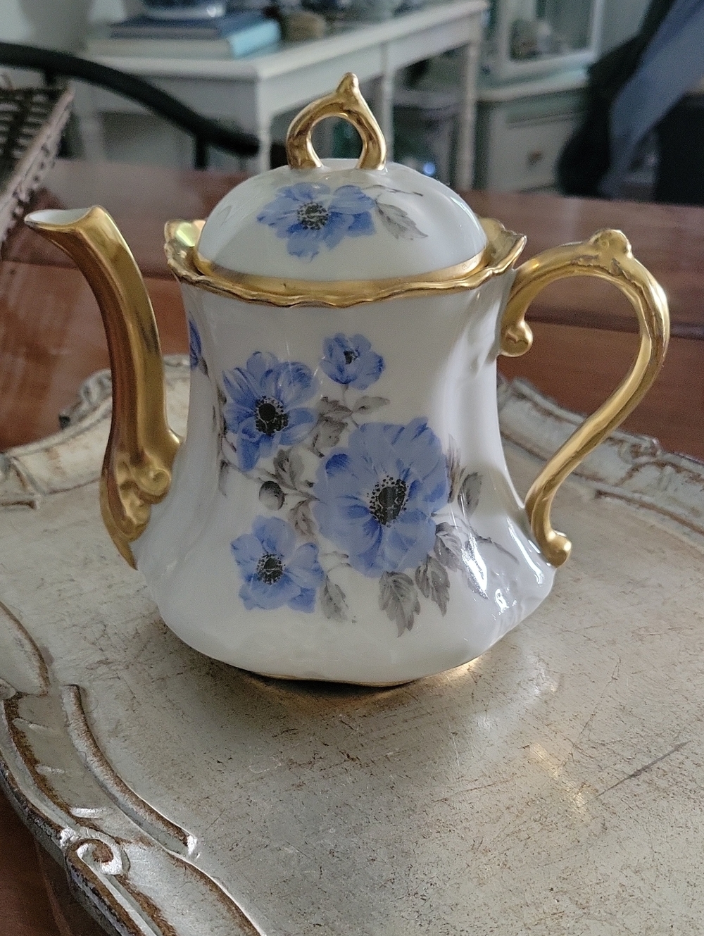 Porcelain Teapot with Blue Floral Design and Gold Accents